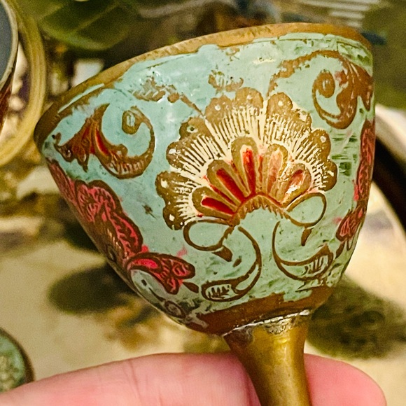 Vintage Estate Two Ornate 4” Etched Brass Mini Goblet Stemmed Toasting Glasses‼️ - Picture 7 of 8